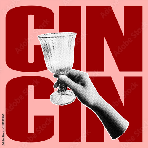 Hand raising a glass in halftone collage style. Holiday greeting card and party invitation. Vector toast element for celebratory New Year banners.