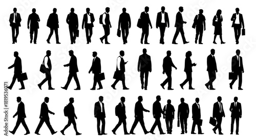 Black Silhouettes of Business Professionals Walking in Various Dynamic Poses