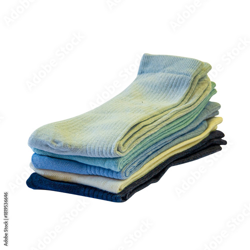 A neat stack of freshly laundered socks in various shades of blue