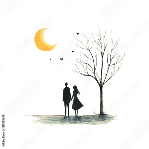 couple moonlit walk hand drawn vector illustration