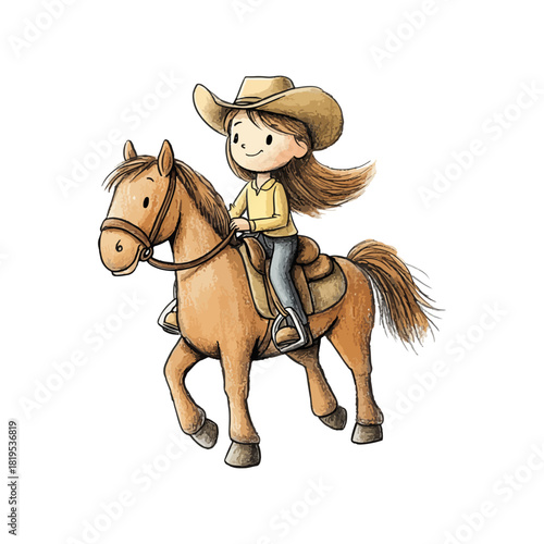 cowgirl riding horse hand drawn vector illustration