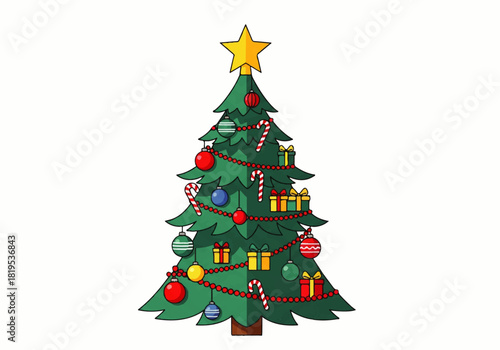 Cartoon illustration of a decorated Christmas tree with a star topper, ornaments, candy canes, gifts, and a string of beads.