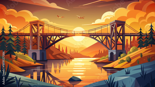 Very beautiful view of an industrial bridge spanning a river in Oregon, USA, with a crane in the background and warm golden sunset light reflecting on the water, creating a dramatic and atmospheric 