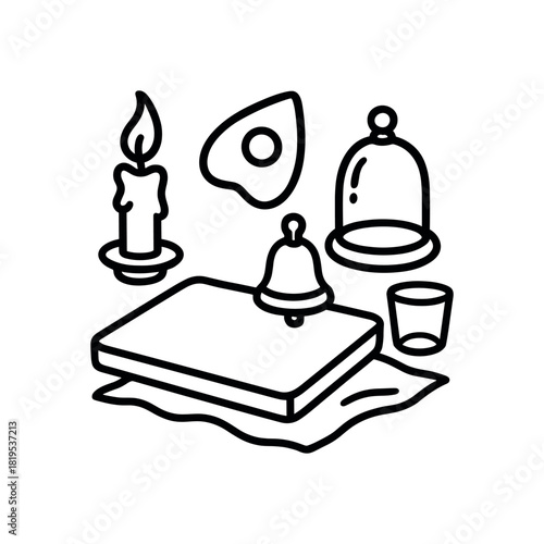 flat vector handdrawn black and white bold clean outlines white background spirit communication planchette talking board blank candle bell glass dome cloth no logos