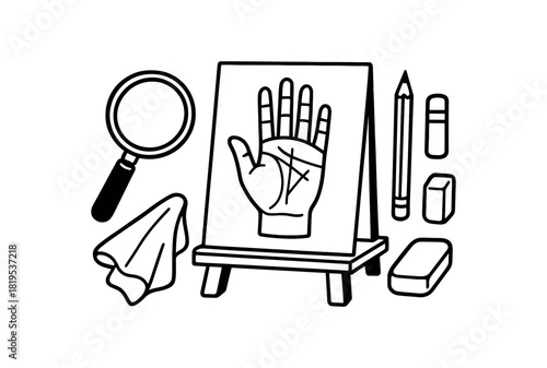 flat vector handdrawn black and white bold clean outlines white background palmistry kit hand diagram card blank magnifying glass pencil eraser cloth stand no logos