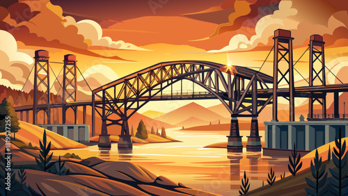 Very beautiful view of an industrial bridge spanning a river in Oregon, USA, with a crane in the background and warm golden sunset light reflecting on the water, creating a dramatic and atmospheric 