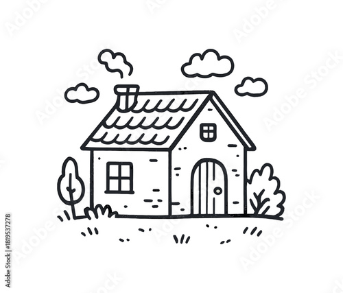 handdrawn cute doodle style simple countryside house vector line illustration