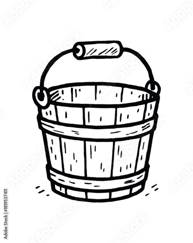 handdrawn cute doodle style wooden bucket vector line illustration