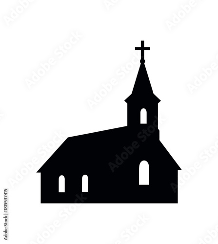 Church building with cross black silhouette with roof and tower lines place of worship detail