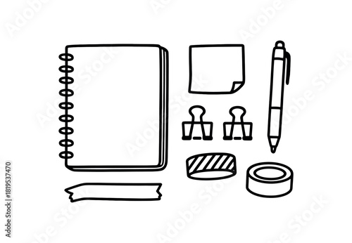 flat vector handdrawn black and white bold clean outlines white background cozy stationery spiral notebook sticky notes washi tape binder clips gel pen no logos