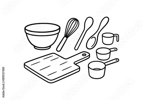 flat vector handdrawn black and white bold clean outlines white background kitchen tools mixing bowl whisk wooden spoon measuring cups cutting board no logos