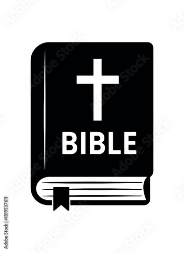Bible with cross on cover black silhouette with curve and mark lines sacred text symbol