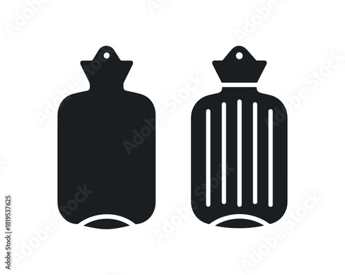 Flat vector illustration two hot water bottles black and white solid black icon style sleep essentials theme 2x1 grid equal spacing isolated on white full objects visible