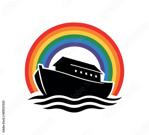 Ark with rainbow above black silhouette with boat and curve lines biblical story symbol