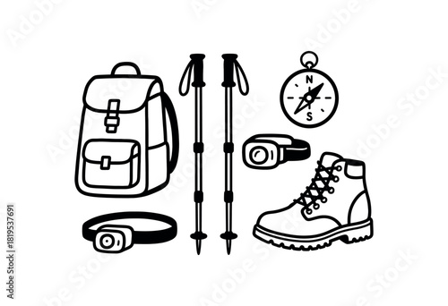 flat vector handdrawn black and white bold clean outlines white background hiking set backpack trekking poles compass headlamp no logos