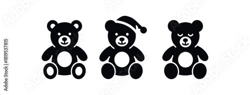 Flat vector illustration three bedtime plush bears black and white solid black icon style sleep essentials theme 3x1 grid equal spacing isolated on white full objects visible