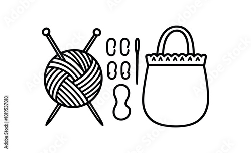 flat vector handdrawn black and white bold clean outlines white background knitting set yarn ball needles stitch markers tapestry needle project bag no logos