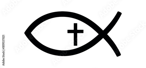 Christian fish ichthys icon black silhouette with curve and cross lines faith identity detail