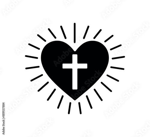 Heart with cross inside black silhouette with love and belief lines spiritual devotion visual