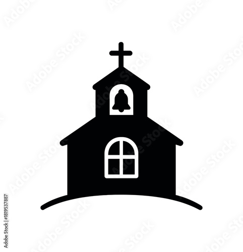 Chapel with window and bell black silhouette with curve and line detail worship structure icon