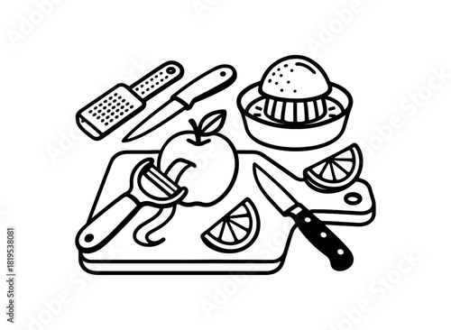 flat vector handdrawn black and white bold clean outlines white background fruit prep peeler paring knife citrus juicer zester board no logos