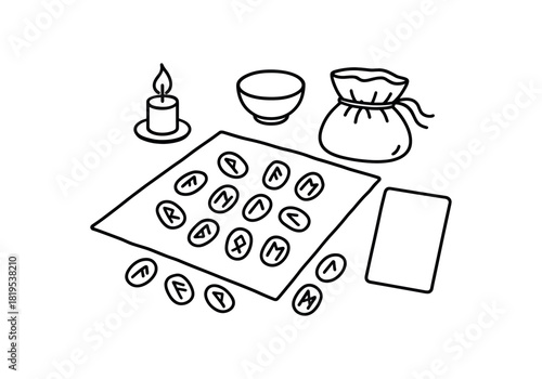 flat vector handdrawn black and white bold clean outlines white background rune casting rune stones set casting cloth pouch guide card blank candle small bowl no logos