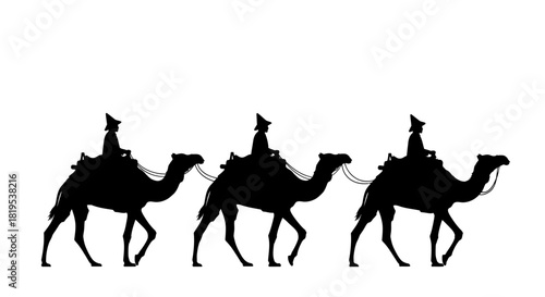 Three Mysterious Figures Journey Across the Desert on Camels in Silhouette