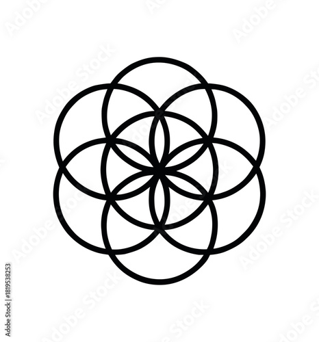 Sacred geometry flower shape black silhouette with symmetry and outline lines harmony icon