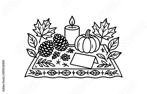 flat vector handdrawn black and white bold clean outlines white background equinox altar leaves candle small pumpkin pine cones altar cloth card blank no logos