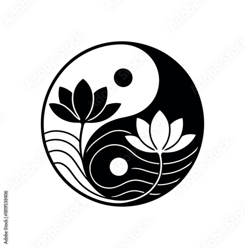Yin yang with lotus leaves black silhouette with harmony and nature lines balance and stillness visual