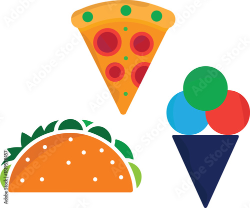 Vector illustration of a set of  fast food, set of pizza slice, burger and ice cream isolated on transparent background