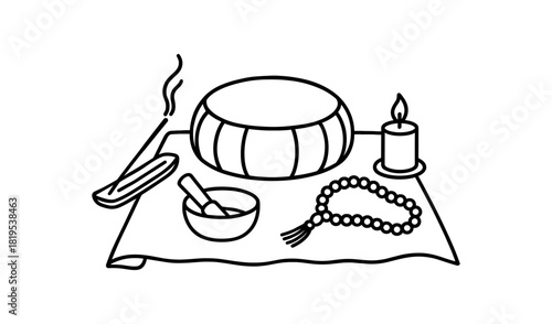 flat vector handdrawn black and white bold clean outlines white background meditation altar cushion incense holder singing bowl candle mala beads cloth no logos