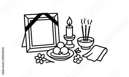 flat vector handdrawn black and white bold clean outlines white background ancestor remembrance photo frame blank candle offering dish flower incense cloth no logos