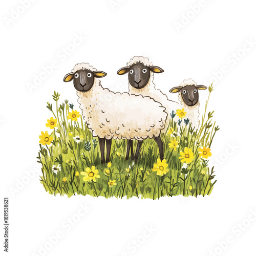 meadow with grazing sheep hand drawn vector illustration