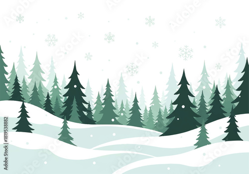 A serene winter landscape illustration featuring snow-covered hills and a dense forest of evergreen trees under a gentle snowfall.