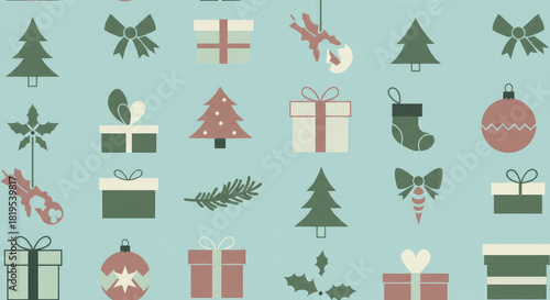 Vintage Holiday Wallpaper with Christmas Trees Gifts and Holly Berries.