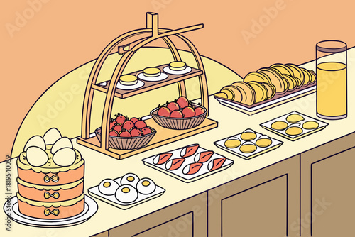 Breakfast buffet table with various foods 