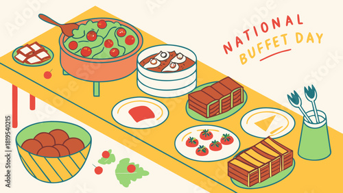 Illustration of a buffet spread with various food dishes