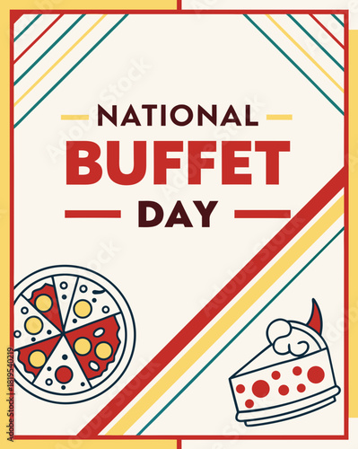 National Buffet Day announcement with pizza and cake illustrations