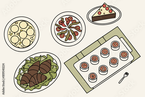 Various food dishes arranged on the table, top view.