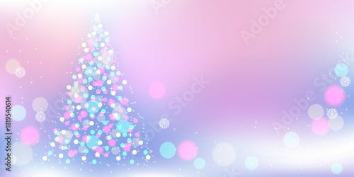 Abstract dreamy gradient blurred background with a bokeh Christmas tree and snowflakes. Lanterns and glow effect. New Year and Christmas banner with copy space. Vector illustration.
