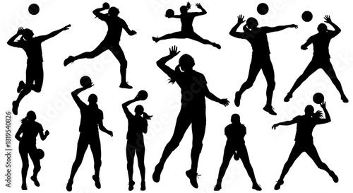 Dynamic black silhouettes depicting women playing competitive volleyball game