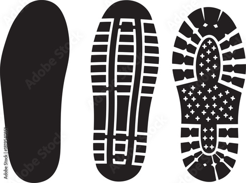 Three black shoe sole imprints showing different tread patterns footprint