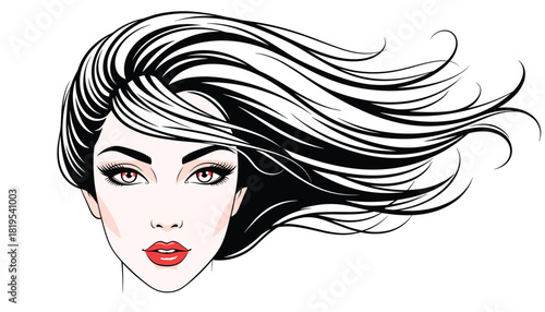 Elegant Woman Face Vector Illustration with Flowing Black and White Hair, Red Lips, and Expressive Eyes in Minimalist Fashion Beauty Art Style

