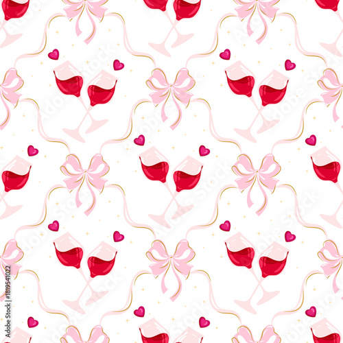 Champagne, wine glass , goblet seamless pattern with pink bows, hearts, and subtle stars for wedding, Valentine, or party decor. Christmas, New Years Eve, Valentines day  romantic design