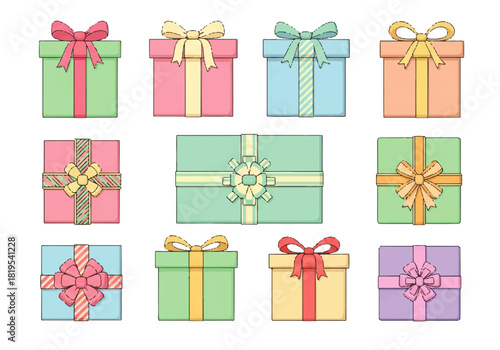 Twelve colorful gift boxes with ribbons and bows arranged in a grid, illustration style, various colors.