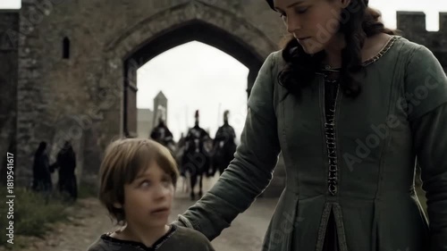 Woman and young boy stand at medieval castle gate as riders on horseback approach. Historical family moment in ancient fortress reenactment. Documentary style footage of pseudo historical scene.