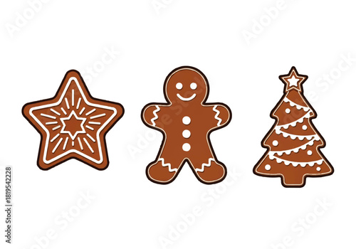 Three gingerbread cookies, a star, a gingerbread man, and a Christmas tree, decorated with white icing on a white background.