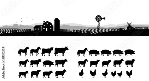 Monochrome Farm Scene with Various Livestock and Countryside Silhouettes