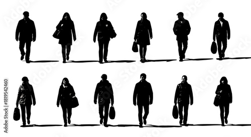 Group of people walking in black silhouette with elongated shadows
